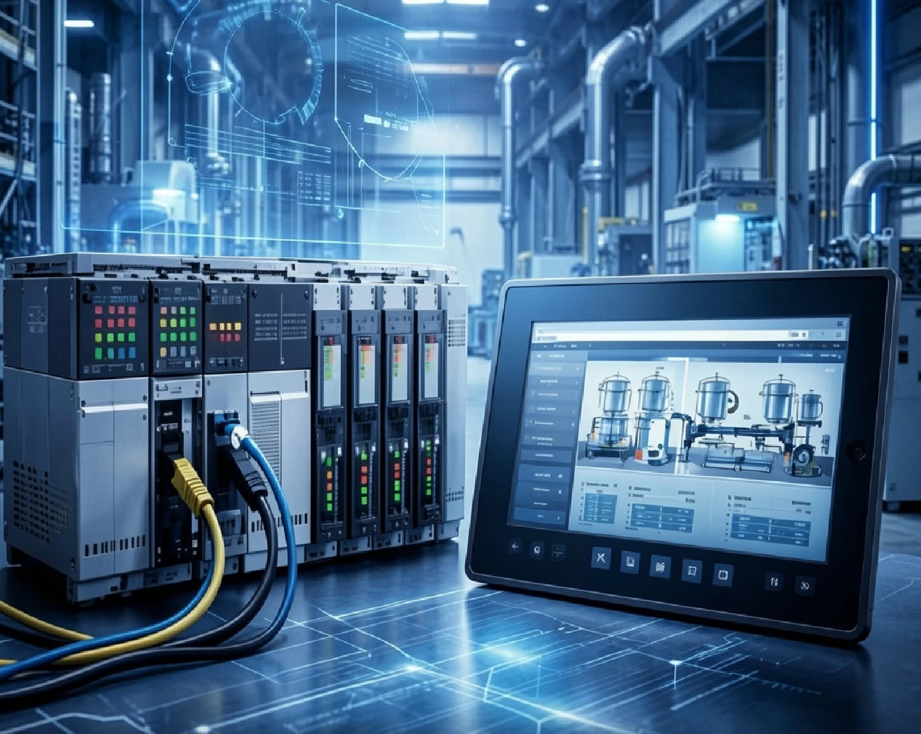 PLC y pantalla HMI industrial